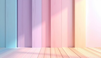 A soft pastel color gradient background of planks, with light streaming across a wooden floor