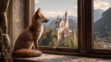 Fototapeta premium Fox gazes at fairy tale castle from cozy window seat in serene landscape during golden hour