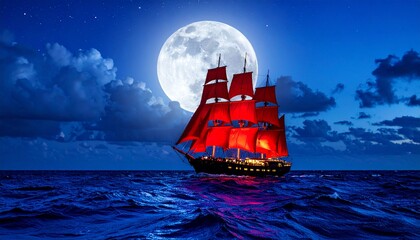 A large sailing ship with striking red sails cuts through deep blue ocean waves unde 
