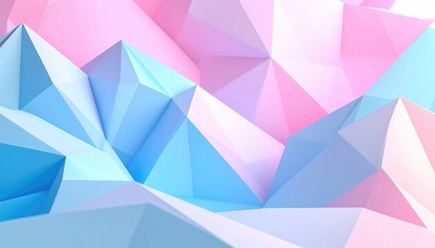 Abstract low-poly background with polygonal shapes in soft pink and blue hues, creating a geometric landscape
