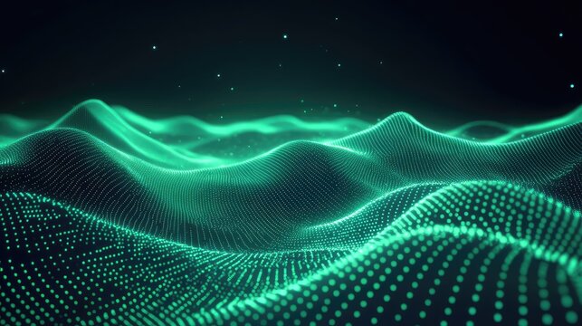 Digital landscape with glowing particles forming data waves