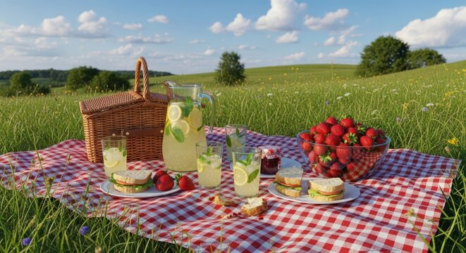 A picnic basket filled with sandwiches, lemonade, and strawberries on a red and white checkered blanket in a lush green field under a clear blue sky with white clouds.