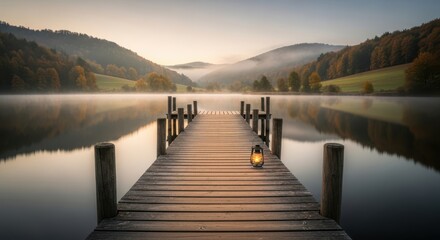 Tranquil lake pier at sunrise with misty mountains serene nature landscape