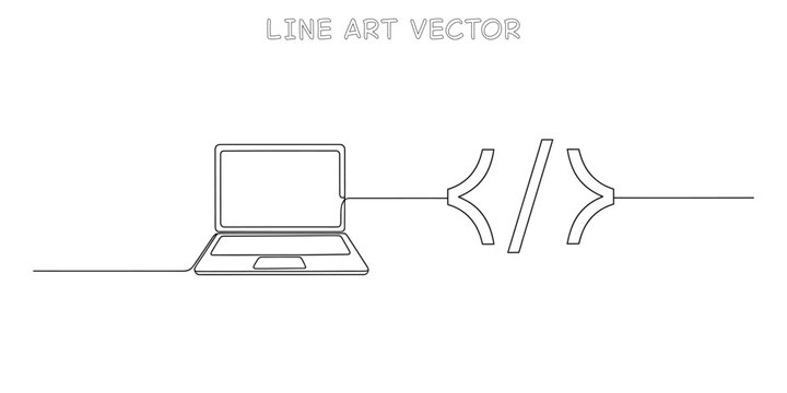 One line drawing of a laptop computer connected to a programming code symbol