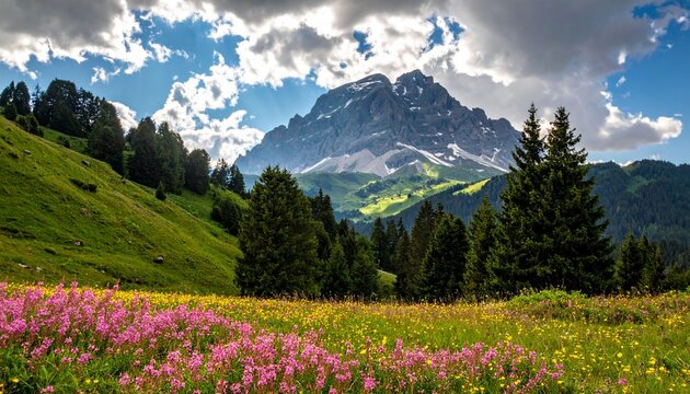 Mountainous landscape featuring a majestic, snow-capped peak under a partly cloudy