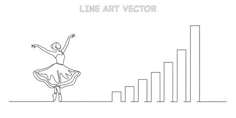 One line drawing of a ballerina dancing next to a rising bar graph