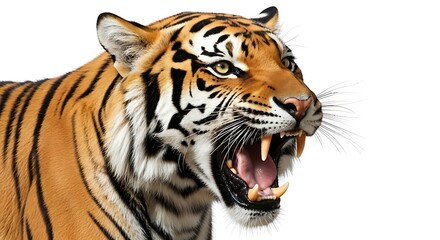 Naklejka premium Close up of a roaring tiger isolated on white background, showing its teeth