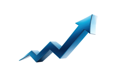 Blue 3D business graph chart with an up arrow symbol illustrating financial success, market growth, and progress direction