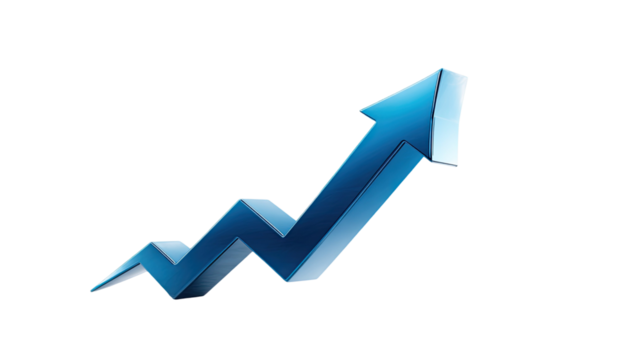 Blue 3D business graph chart with an up arrow symbol illustrating financial success, market growth, and progress direction