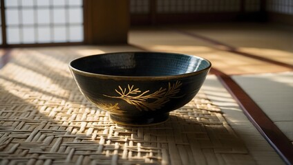 Ultra-realistic 8K close-up of a handcrafted Kintsugi ceramic bowl on a textured tatami mat, soft morning sunlight illuminating flowing gold veins, evoking wabi-sabi calm and peaceful imperfection.
