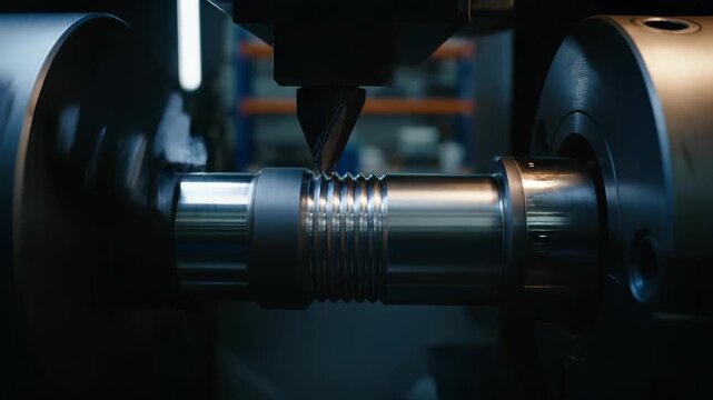 CNC lathe machines metal thread on steel shaft in factory. Industrial threading tool cuts metal workpiece. Lathe creates thread on steel part. CNC machining shapes metal thread in workshop.
