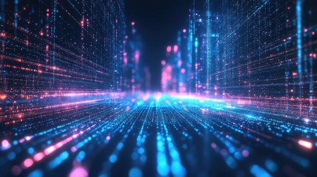 Digital data streaking through abstract cyber city network - Powered by Adobe
