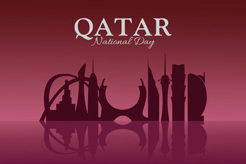 Qatar National Day illustration with Doha skyline in deep maroon tones. Perfect for patriotic posters, banners, and cultural celebration.
