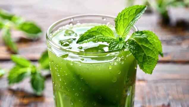 Refreshing mint lime cocktail with ice on wooden table