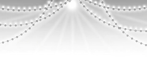 A monochrome illustration of string lights hanging against a bright background with light rays created with generated ai