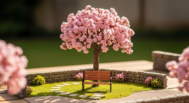 Tranquil cherry blossom miniature garden scene with bench serenity