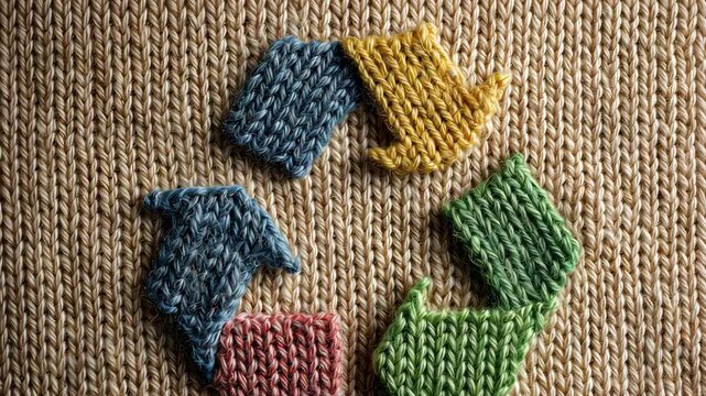 Explore ways to recycle fabric and yarn into creative projects featuring knitted arrows in various colors on a textured background