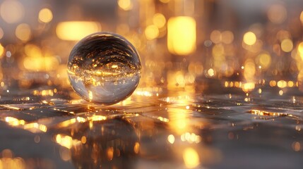 Glass sphere reflecting golden city lights bokeh