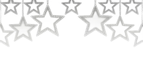A festive display of silver star ornaments hanging against a stark black background creating contrast created with generated ai