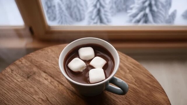 Close-up of a steaming mug of hot chocolate on a wooden table with a view of snow-covered trees from a chalet, concept of hygge comfort and simple pleasures