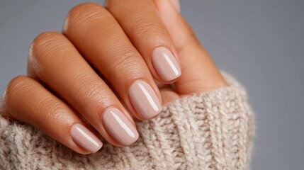 Elegant hand with neutral nail polish resting on cozy knit sweater