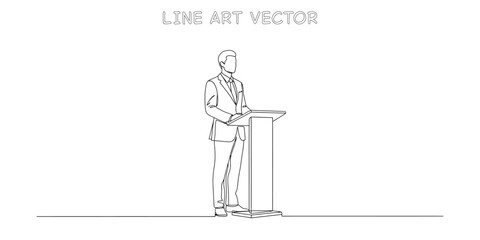 Continuous line drawing of a businessman or politician standing at a podium giving a speech