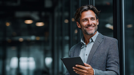 businessman executive holding digital tablet at corporate office analyzing finance data technology driven business strategy and leadership mindset