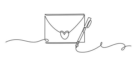 One Line Drawing of Love Letter Envelope with Pen. Romantic Minimal Art