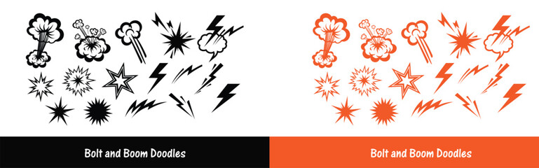 Collection of black and orange bolt and boom doodles