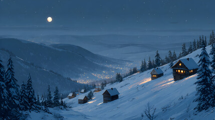 Serene winter night in snow covered mountains with moonlit sky and cozy cabins