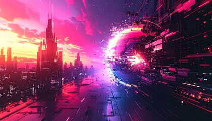 Cyberpunk-style loop with broken visuals, glitch textures, analog interference,