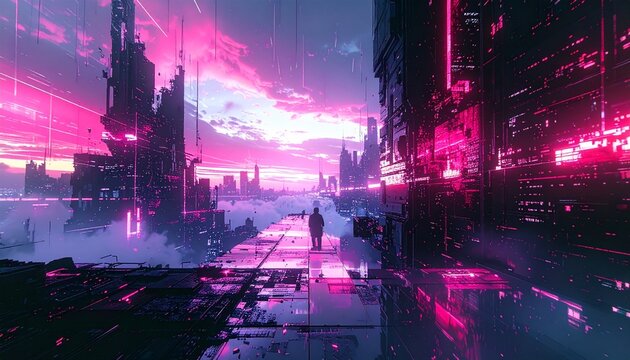 Cyberpunk-style loop with broken visuals, glitch textures, analog interference, 