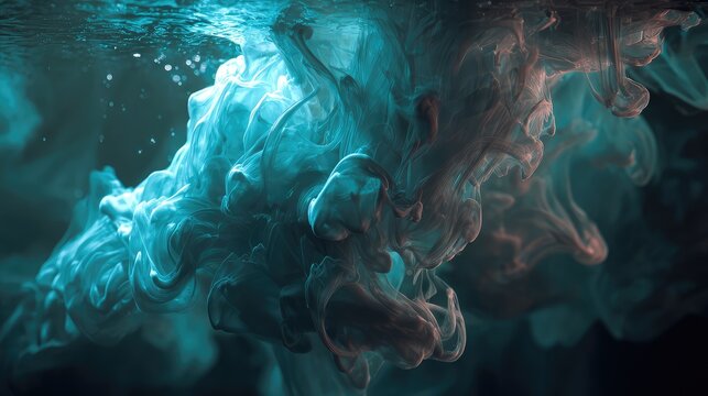 Teal and pink ink swirling creating abstract underwater clouds