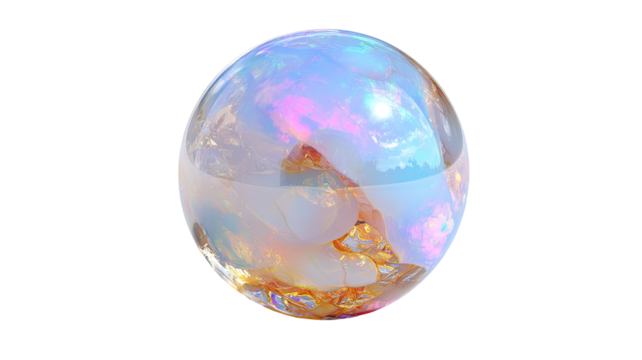 Crystal ball on a white background reflecting a blue ocean and continents of the Earth globe