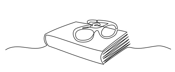 One Line Drawing of Book and Glasses. Minimalist Reading Concept