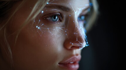 Woman with glowing facial technology showcasing digital connections to the world in a dark setting