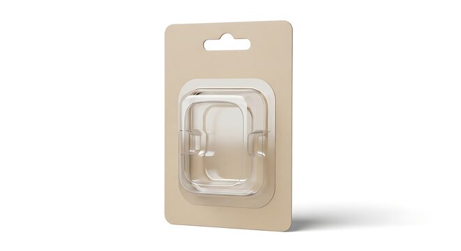 Blank transparent plastic blister pack with cardboard backing and hang tab.