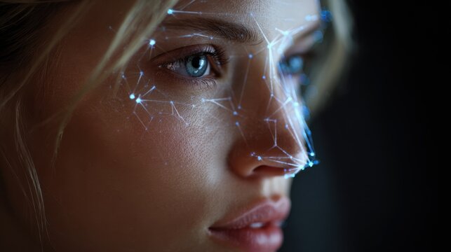 Woman with glowing facial technology showcasing digital connections to the world in a dark setting - Powered by Adobe