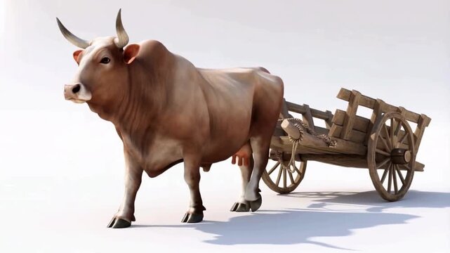 Realistic 3D Animation of an Ox Pulling a Traditional Bullock Cart on a Clean White Background. The ox walks slowly with natural body movement, realistic muscles, skin texture, and detailed breathing.
