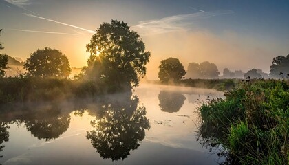 Ethereal Sunrise Over Calm River with Mist Trees and Reflections in Netherlands Landscape Featuring Golden Light and Clear Sky for Adobe Stock