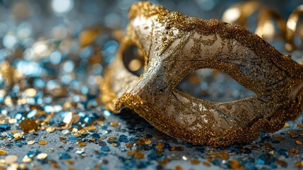 Sparkling golden mask with colorful confetti on a festive table during a celebration