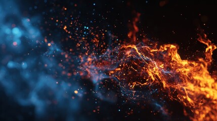 Vibrant display of fiery orange and cool blue flames swirling in a dark, contrasting background during a digital art showcase