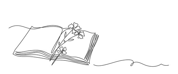 One Line Drawing of Open Book with Flowers. Romantic Minimalist Illustration