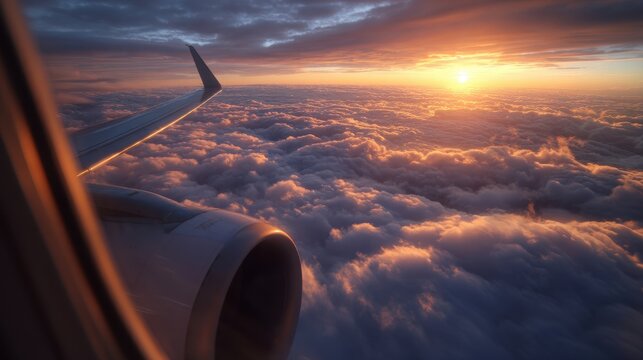 Beautiful sunset viewed from an airplane window over fluffy clouds during evening flight