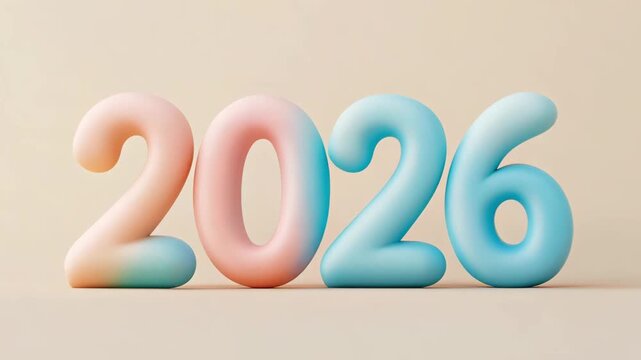Colorful three dimensional numbers representing the year 2026 are showcased against a neutral background