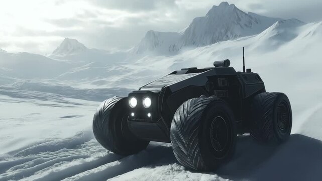 An advanced rover travels through a snowy mountainous area, showcasing its capabilities in an icy environment during daylight