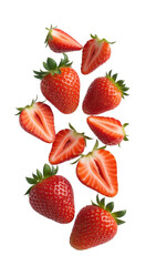 Red strawberries sliced and whole isolated on a transparent background
