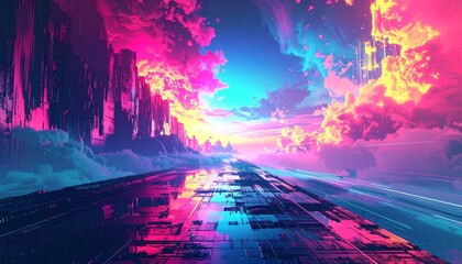 4k seamless looped VJ animation of Vibrant abstract glitch art in neon pink yellow
