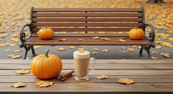 A wooden bench with pumpkins and a latte on a table in a park with fallen leaves. - Powered by Adobe