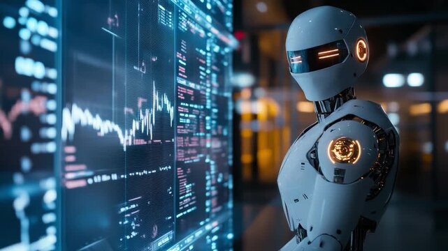 A robot gathers and analyzes data from digital screens, emphasizing technological advancements in automation and artificial intelligence